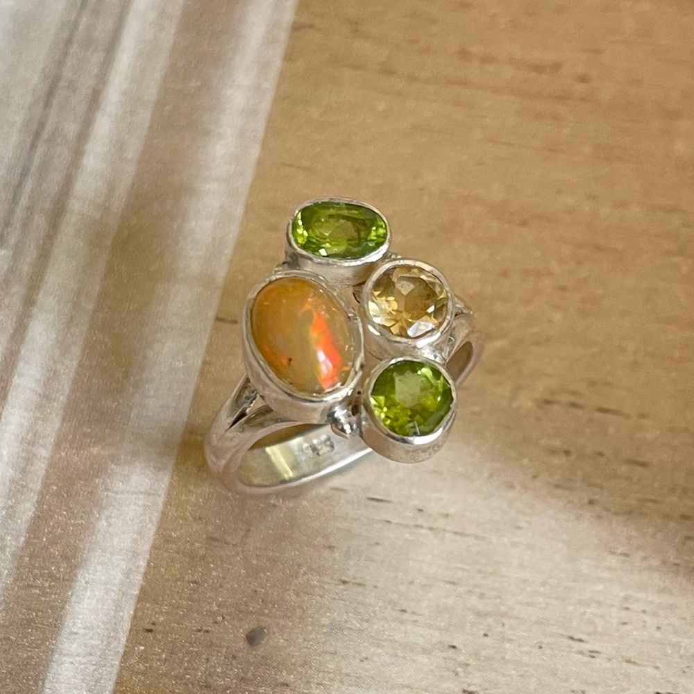 Elegant 925 Sterling Silver Multi- natural gemStone Ring adjustable us:5-10